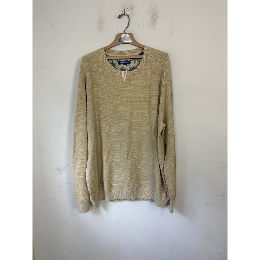 Tommy Bahama Mens XXXL Tan Cotton Textured Knit Split Neck Sweater Long Sleeve